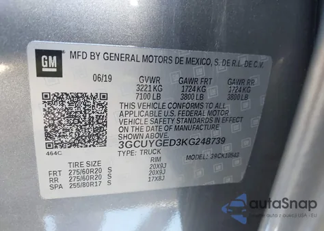 2019 Chevrolet Silverado 1500 Ltz z USA, uszkodzony, nr VIN 3GCUYGED3KG248739